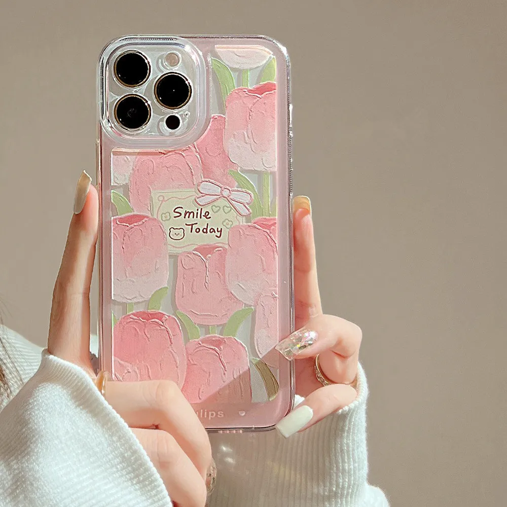 

Pink Tulips Oil Painting Phone Case For iPhone 14 13 12 11 Pro Max Mini X XR XS Max 8 7 Plus SE3 Shockproof Soft Silicone Cover