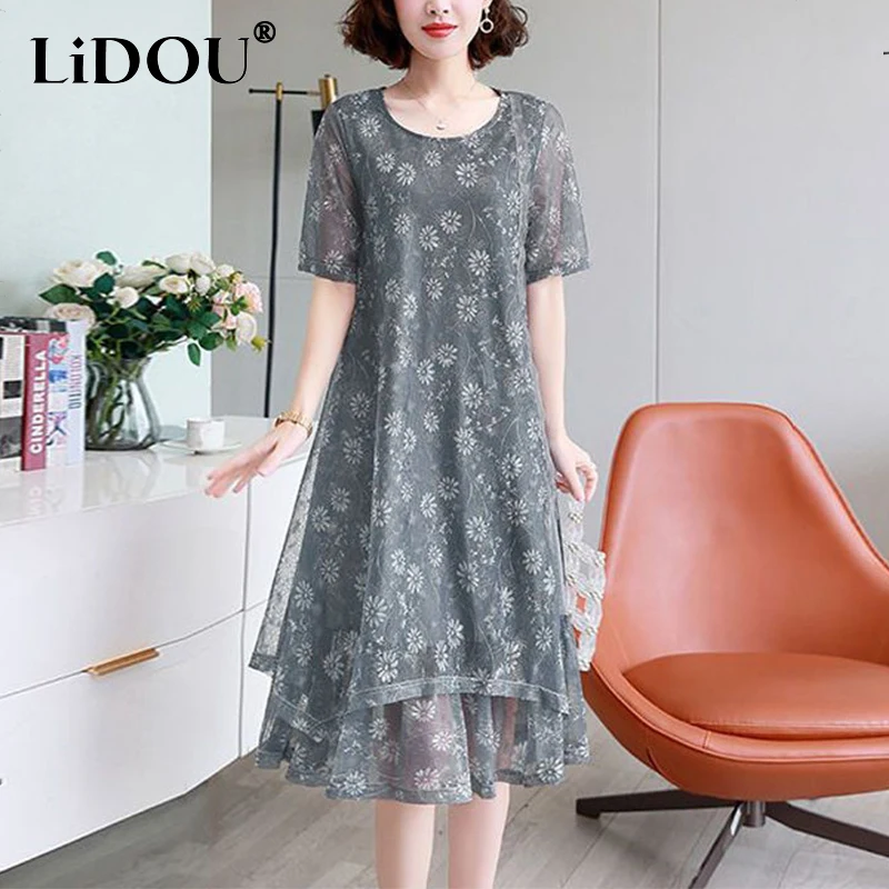 

Summer 2023 Casual Floral Printed Irregular Robe Female Short Sleeve Korean Fashion Loose Vestidos Women Elegant Midi Mesh Dress
