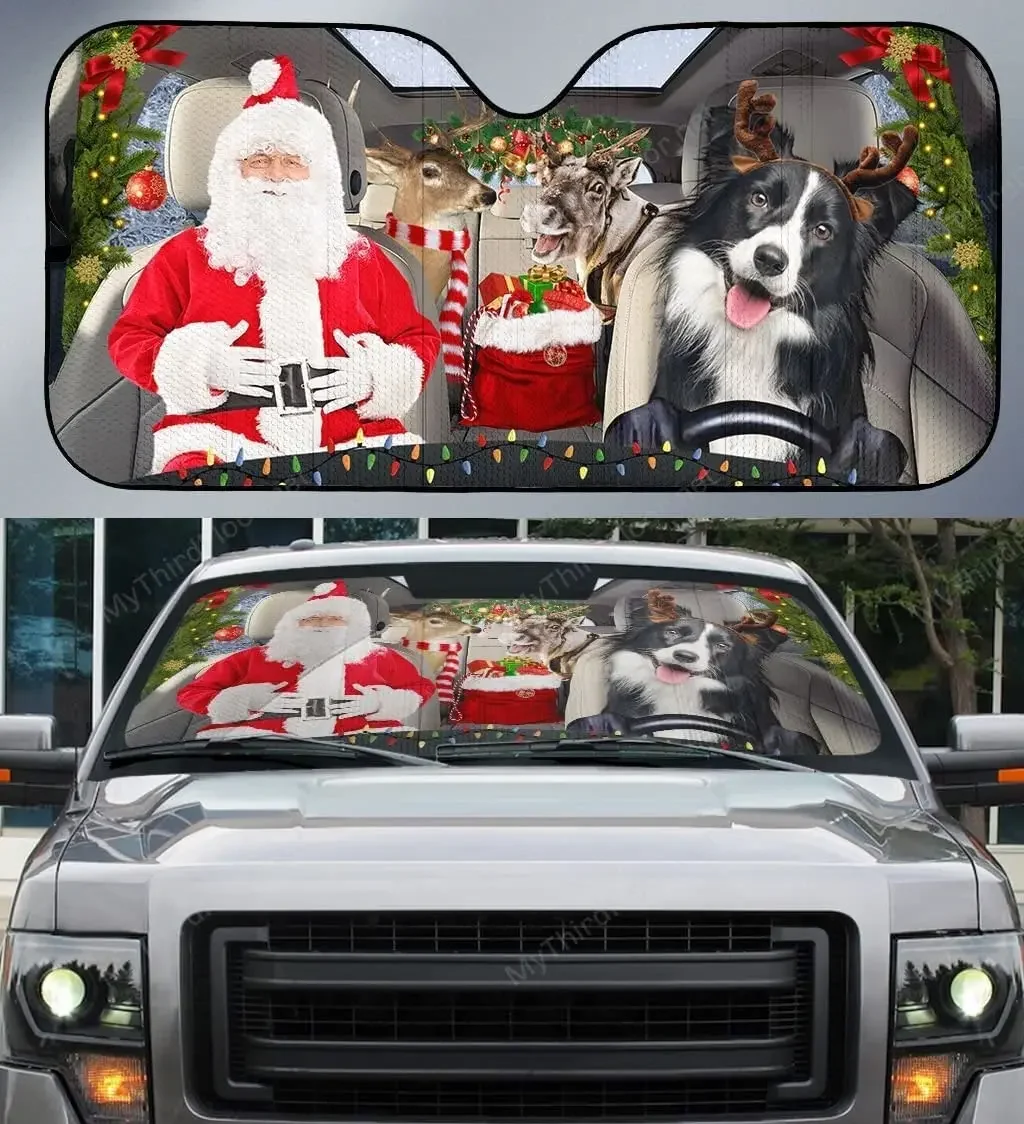 Funny Border Collie Santa Family Driving Dog Lover Car Sunshade Windshield Window Gift for