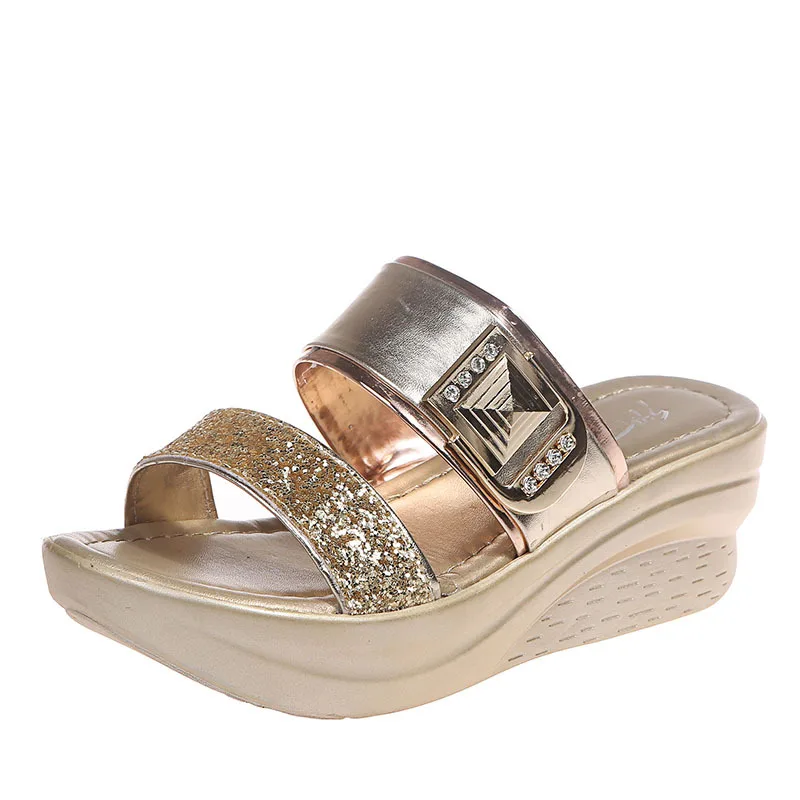 

Women Shoes 2022 Slippers Wedge Female Sandals Ladies Bling PU Leather Outside Casual Shoes Summer Footwear Woman Slides Comfort