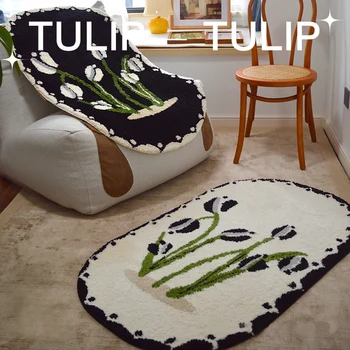Garden Flora Ivory Black Tulip Carpet Artistic Mat INS Style Cozy Bed Room Soft Super Absorbent Slip-resistant Pad Luxury Floor