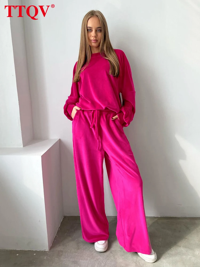 

TTQV Elegant Pink 2 Piece Sets Womens Outfits Casual O-neck Long Sleeve Tops And Loose Drawstring Trousers Sets Female Clothing