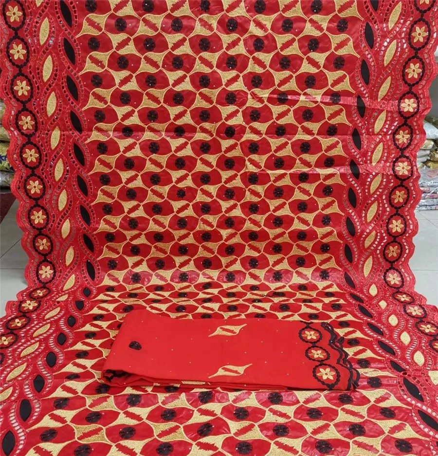 

5Yards Red African Bazin Riche Lace Fabric 2022 With 2Y African Chiffon Material Embroidery Tissus Nigerian Dress Cloth YBX34