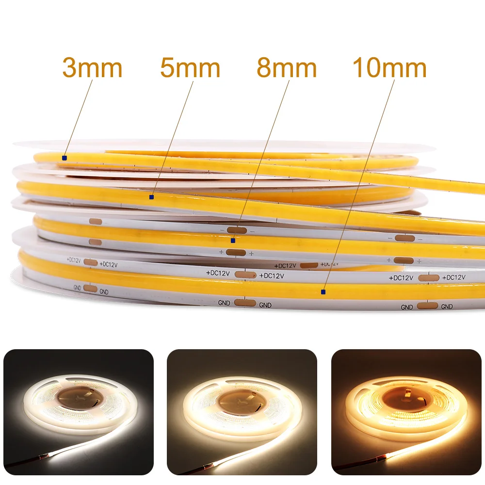 

5M/10M COB LED Strips Lights 320 480 528 LED High Density Flexible RA90 Warm Nature Cool White Linear Dimmable 12V/24V Led Light