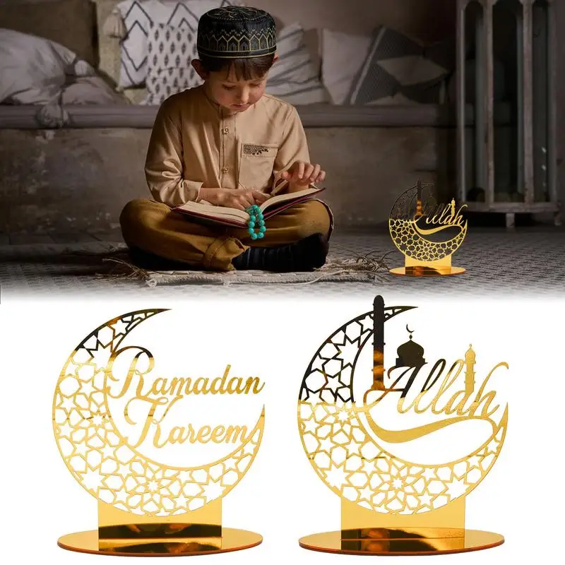 

Eid Mubarak Ramadan Decorations Acrylic Golden Moon Star Palace Tabletop Ornaments Muslim Festival Islamic Decor For Home Party