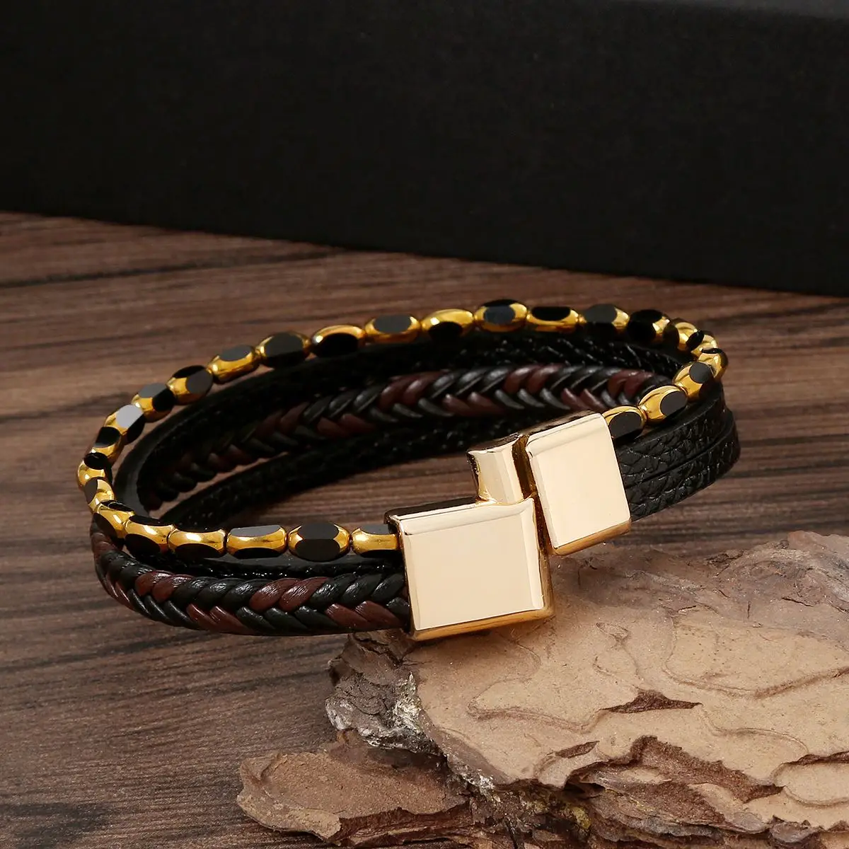 Высококачественный плетеный кожаный браслет с пряжкой из сплава, мужскойклассический модный черный, золотой цвет, стандартная мужская бижутерия,подарок