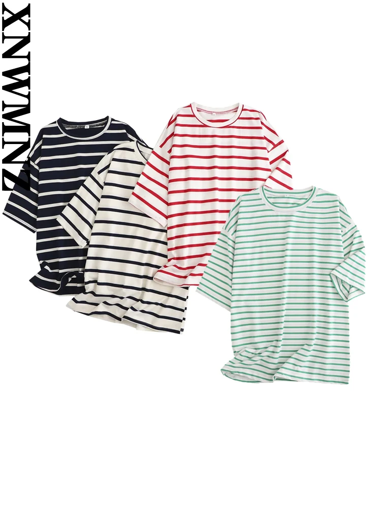 

XNWMNZ летняя женская новая модная полосатая футболка больших размеров, топы, женские хлопковые свободные повседневные футболки с круглым выр...