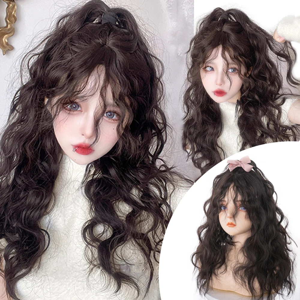 WEILAI Brown Black Gold Wool Roll Synthetic Wig For Women Long Roll Wig Bangs Cosplay Party Heat Resistant Hair