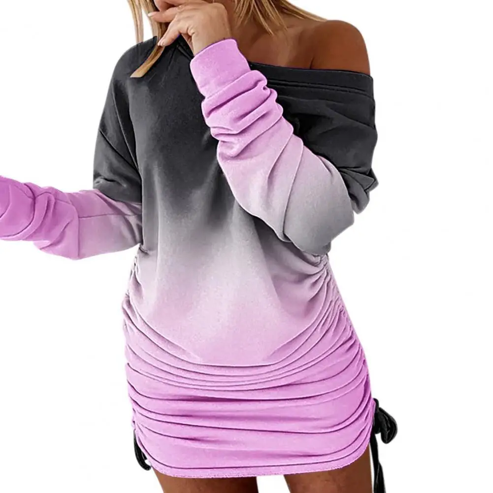 

Women Dress Pullover Tie Dye Gradient Color Romantic Spring Dress Pleated Above Knee Drawstring Mini Short Dress vestidos mujer