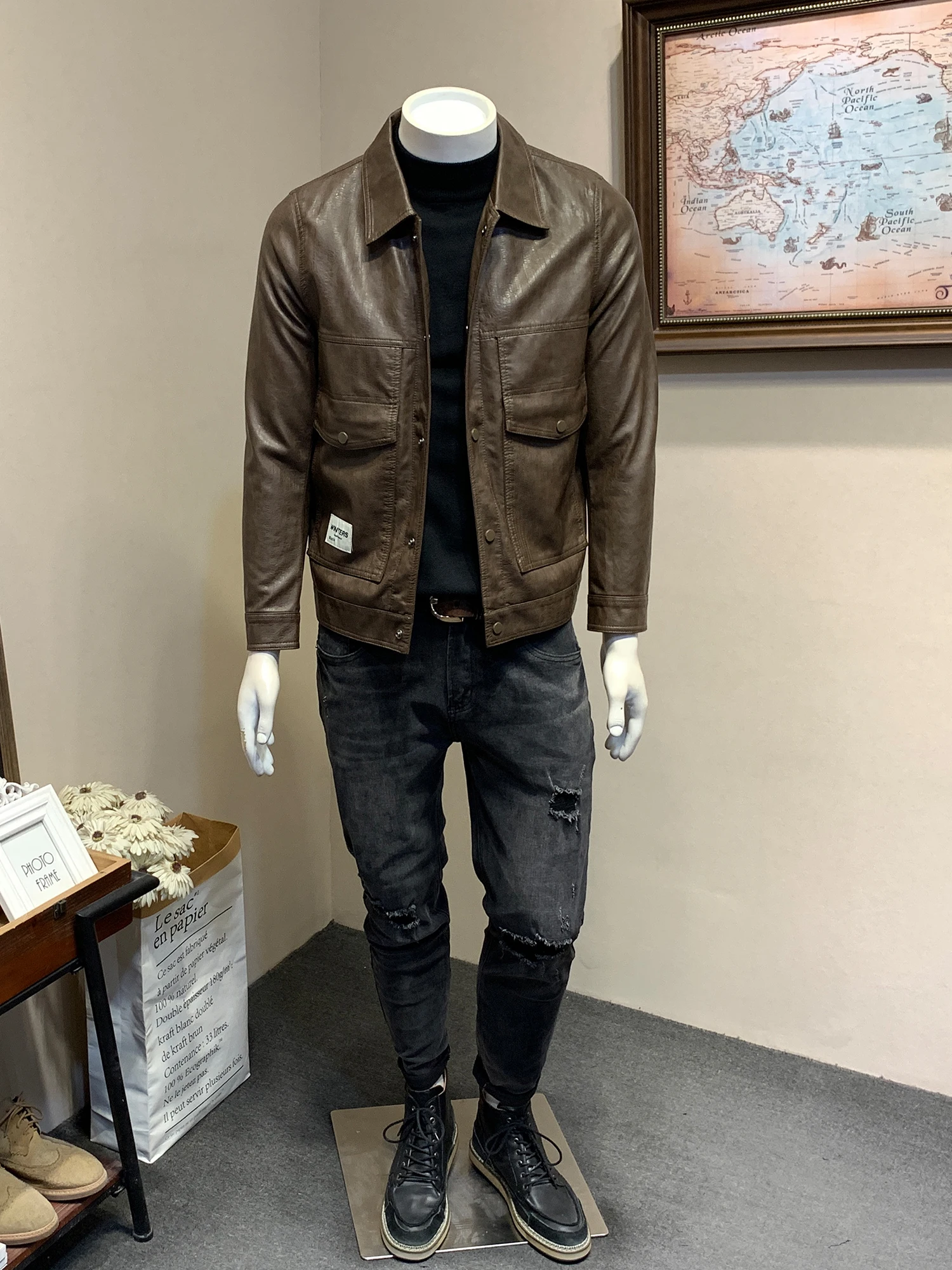 Кожаное пальто Guzai мужская весенне-осенне-зимняя куртка-карго из искусственной