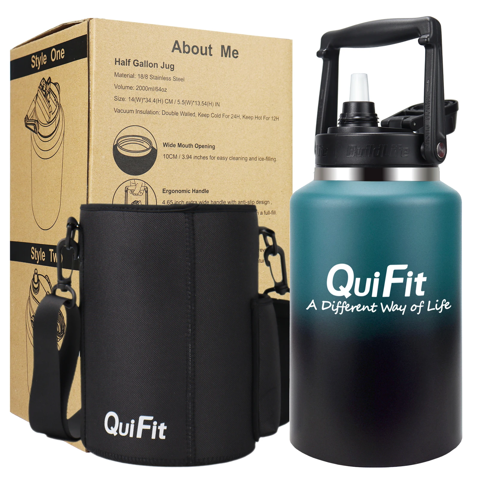 Quifit Stainless Steel Water Bottle 2L 64Oz 3.8L 128oz with 