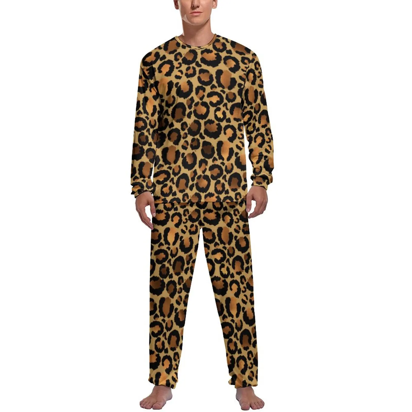 Elegant Brown Leopard Pajamas Long Sleeves Wild Animal Print 2 Pieces Casual Pajama Sets Autumn Men Custom Trendy Sleepwear