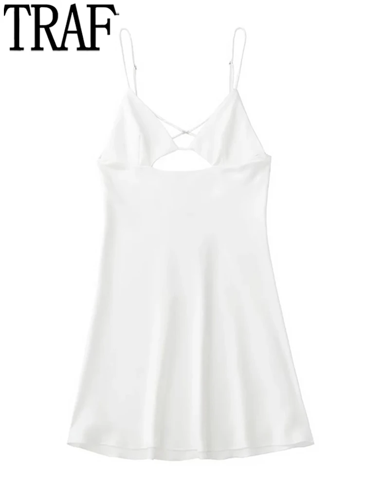 

TRAF White Cut Out Dress Women Backless Satin Slip Dress Woman Backless Sexy Short Summer Dresses 2022 Club Night Party Dresses