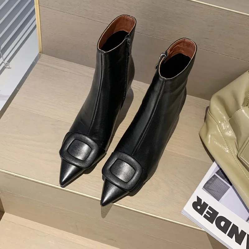 

modern classics style woman sexy thin heel pleated solid ankle boots with buckle pointed toe women shoe for botas
