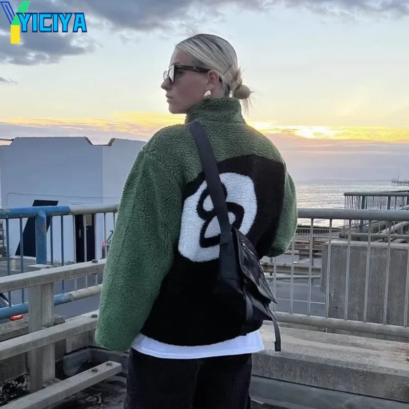 

YICIYA 2024 винтажные шубы из овечьей шерсти, Женская осенне-зимняя теплая флисовая верхняя одежда из овечьей шерсти, черные 8 бильярдные куртки с принтом y2k, верхняя одежда