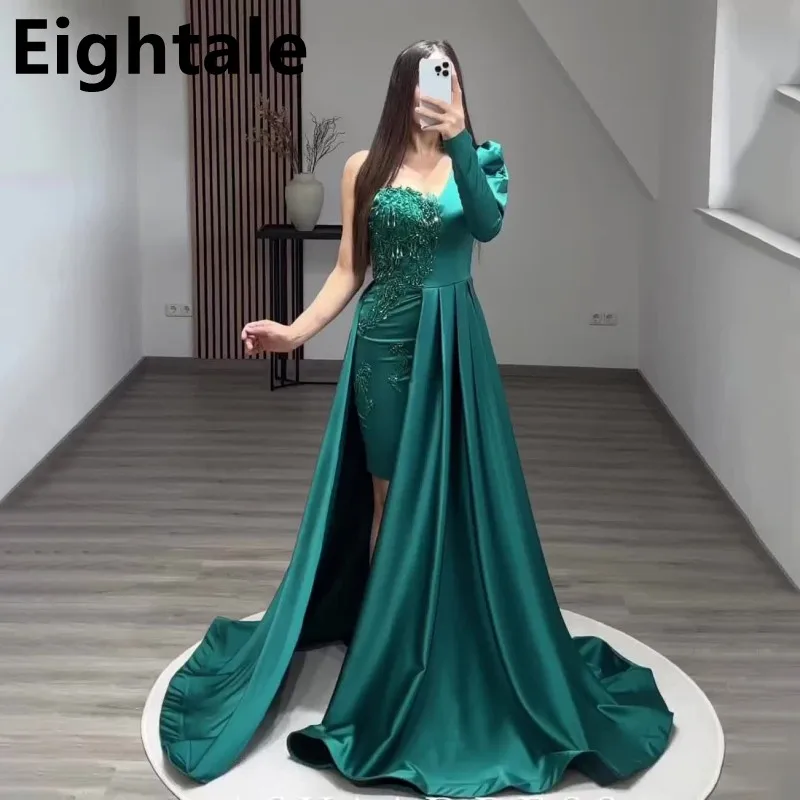 

Eightale Emerald Green One Shoulder Beaded Side Long Sleeve Mermaid Evening Dress Long Luxury 2022 Dubai Women Formal Party Gown