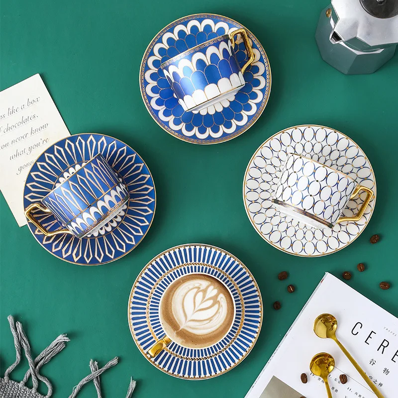 250ml British Style Luxury Moroccan Coffee Cup and Saucer Set with Gold Handel Ceramic Cappuccino Afternoon Tea Cup