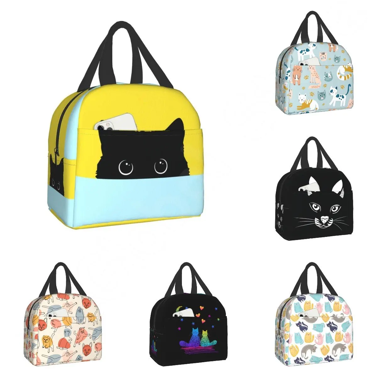 Cat Insulated Lunch Bag Reusable Cooler Thermal Tote Bag with Front Pocket for Women Men Travel Work Hiking Picnic Lunch Box