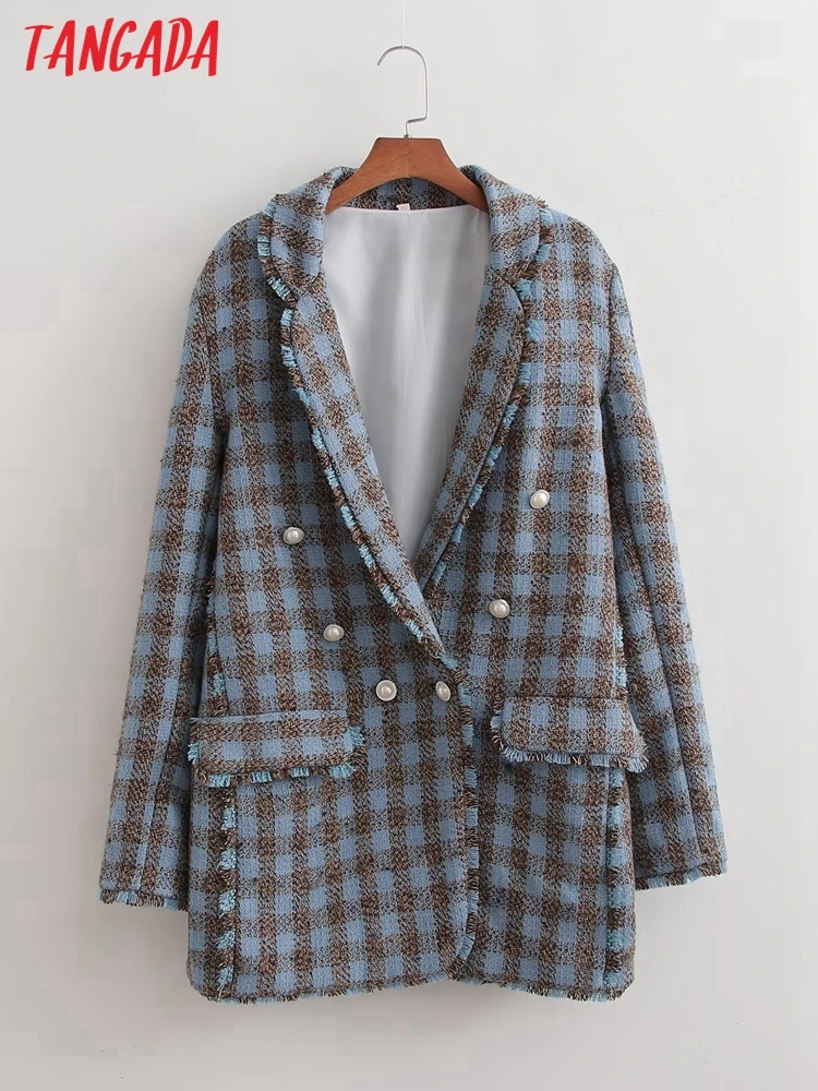 

Tangada Women Blue Tassel Tweed Double Breasted Blazer Coat Long Sleeve Flap Pockets Female Suit 1D170