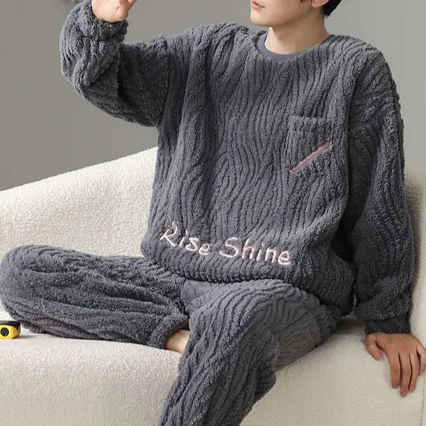 Yasuk Winter Women's Men Casual Warm Soft Sleepwear Pajamas With Pants Velvet Fleecel Couple Unisex Simple Print Thick