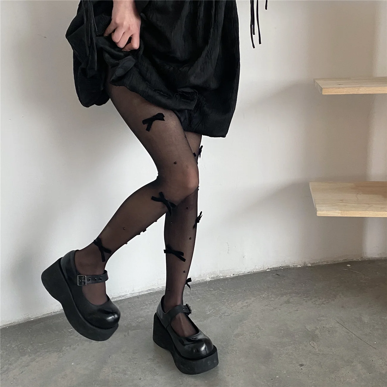 Милые черные шелковые колготки ручной работы с бантом в стиле &quotЛолита&quot