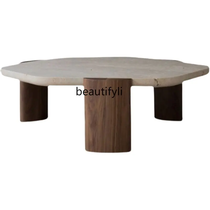 

yj Nordic Creative Black Walnut Low Table Cave Stone Tea Table Marble Tea Table Silent Wind round Table