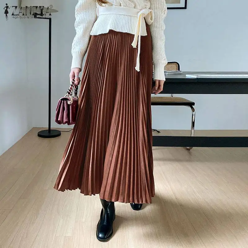 

ZANZEA Fashion OL Pleated Jupe Femme Women Elegant Satin Skirts 2022 Spring High Waist Midi Mujer Falda Paty Swing A Line Skirts