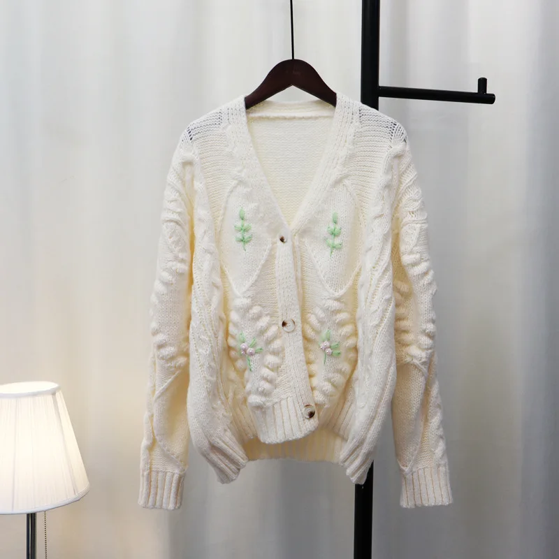 

Женский вязаный кардиган с цветочной вышивкой, белый свитер с длинными рукавами и V-образным вырезом, один размер