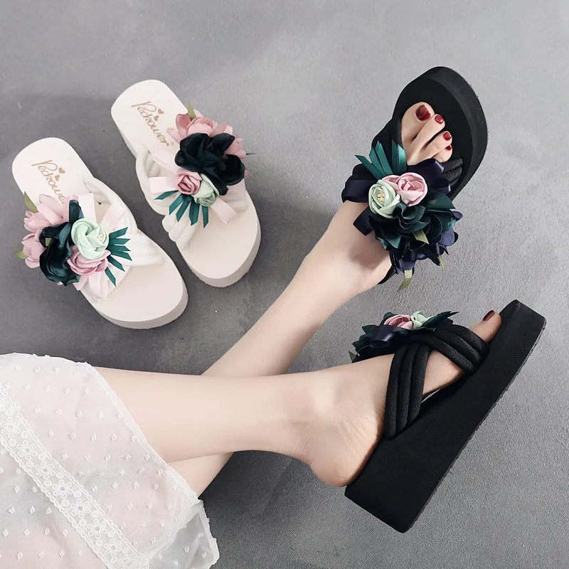

Beige Heeled Sandals Low Flower Cross-Tied Black Fabric Floral Basic PVC PU Rubber Hoof Flower Cross-Tied Low Beige Heeled Sanda