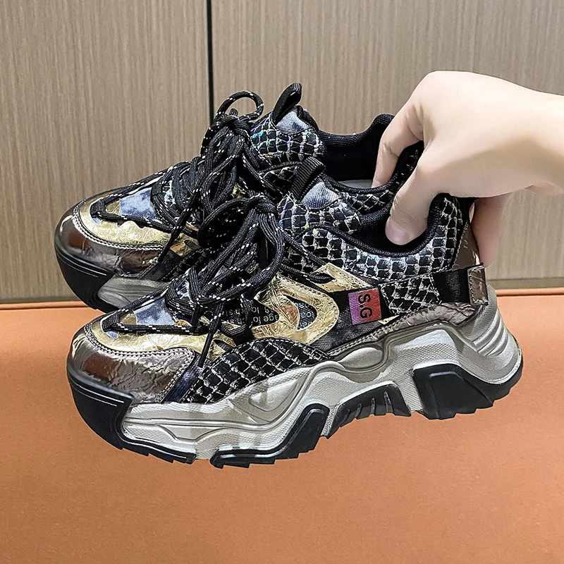 

Thick Bottom Glitter Leather Women's Vulcanize Shoes Spring Women Platform Chunky Sneakers Woman Breathable Sport Shoes A8-61