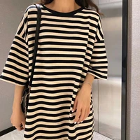 summer striped short sleeve t shirt casual loose o neck tops for women ins loose mid length womens clothing korean fashion