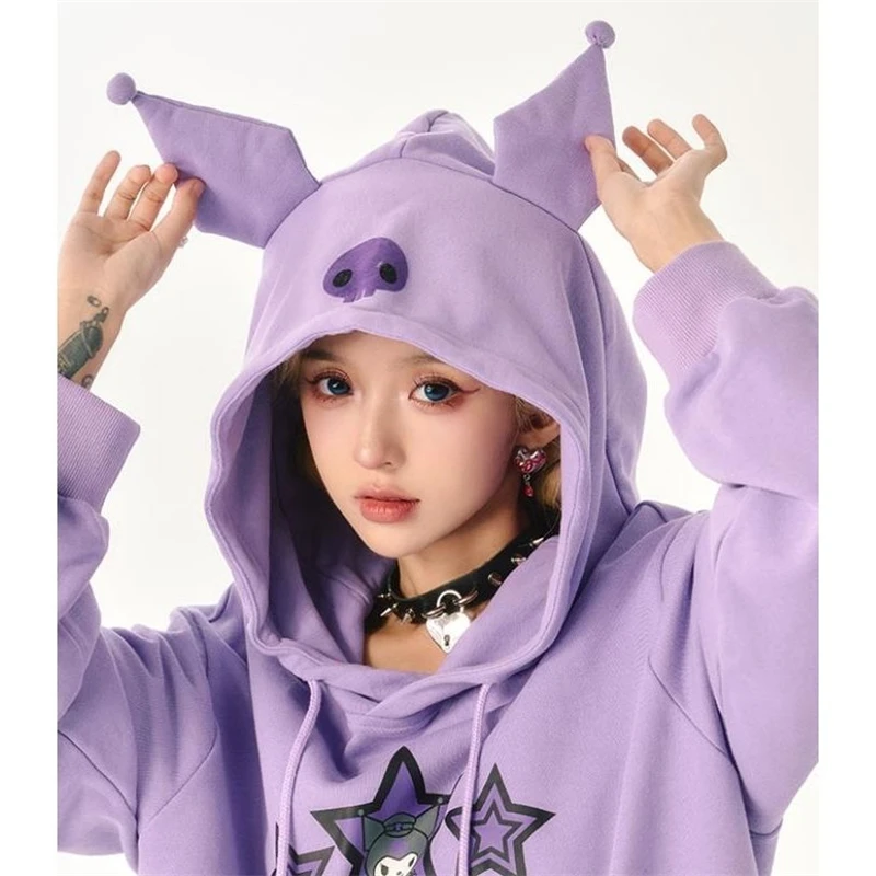 

Kawaii Sanrio Kuromi Little Devil Hooded Sweater Cartoon Girls Autumn Winter Thin Casual Loose Long-Sleeved Top Coat Sweatshirt