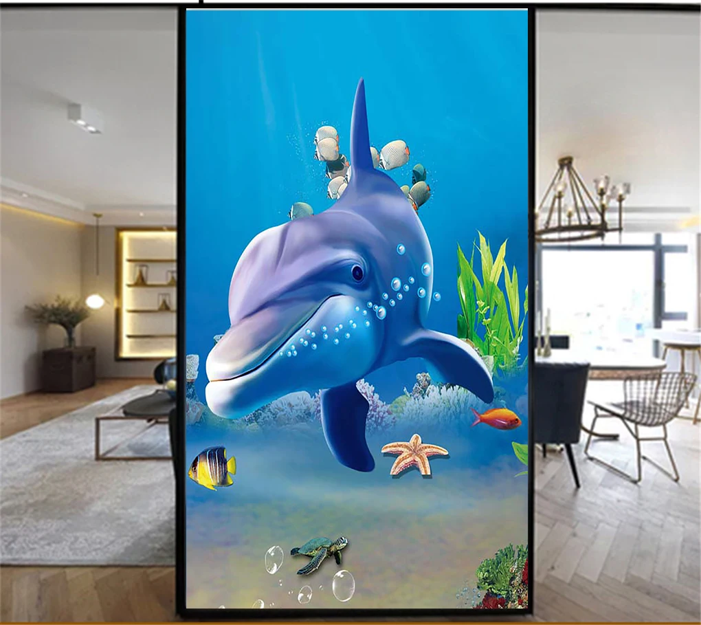 

Privacy Windows Film Decorative Underwater World Stained Glass Window Stickers No Glue Static Cling Frosted Window Cling