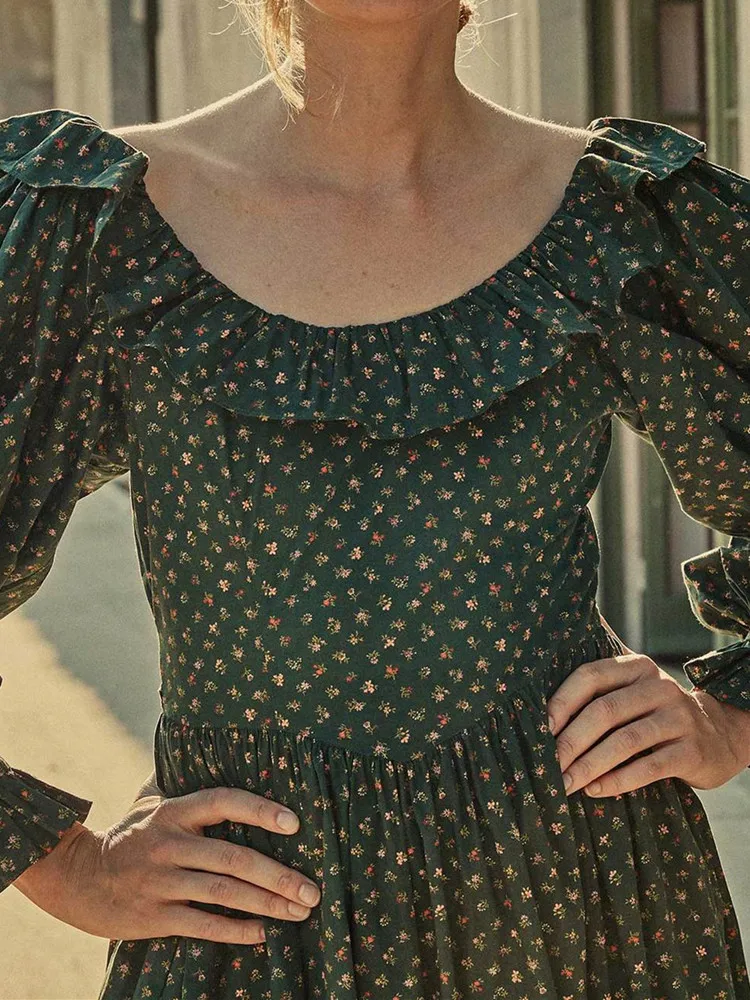 

2022 Spring Women's Floral Printing Midi DressPeter pan Collar Ruffles Long Sleeve Back Lace-up Fresh Prairie Chic Robe