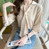 notched women shirt solid champagne long sleeve free shipping clothes for women patchwork buttons up ladies tops elegant top