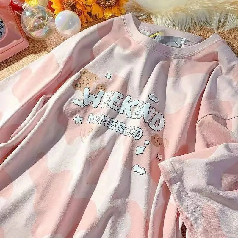 

Summer Kawaii tie-dye Bear T-shirt Women 2022 South Korea Sweet cloud street fashion short-sleeved top graphic tee