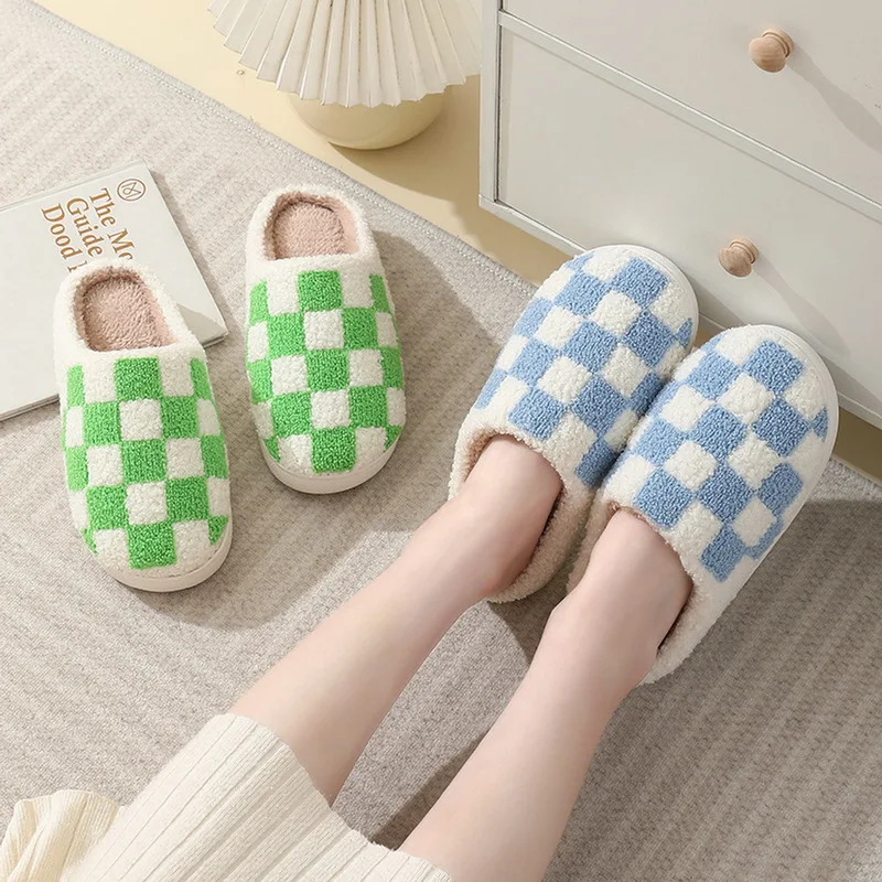 

Cute Cartoon Checkerboard Winter Cotton Slippers Quiet Ultra Light Non-Slip Large Wooden Floor Indoor Cotton Shoes