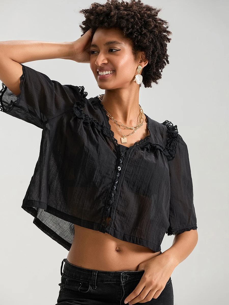 Женские рубашки с коротким рукавом кружевные модные блузки на пуговицах