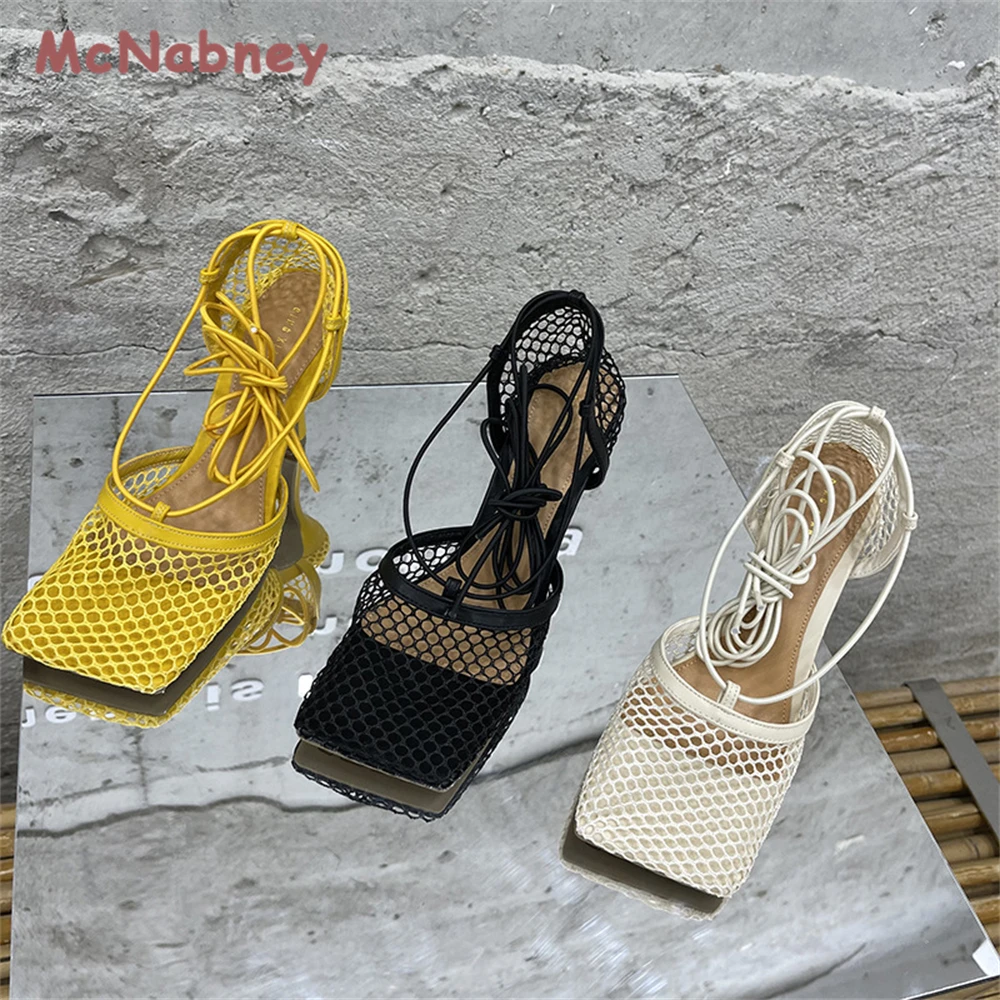 2023 New Sexy Mesh Pumps Sandals Female Square Toe High Heel Lace Up Cross-Tied Stiletto Hollow Shoes Fashion Breathable Sandals