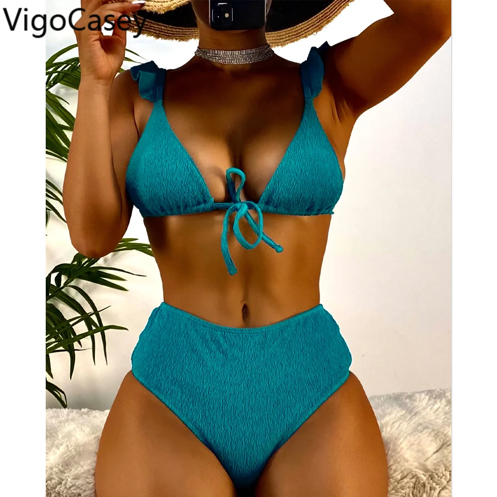 

VigoCasey Sexy Solid Ruffle Strapped Bikini Swimwear Women 2022 High Waist Swimsuit Push Up Biquini Backless Summer Bathing Suit