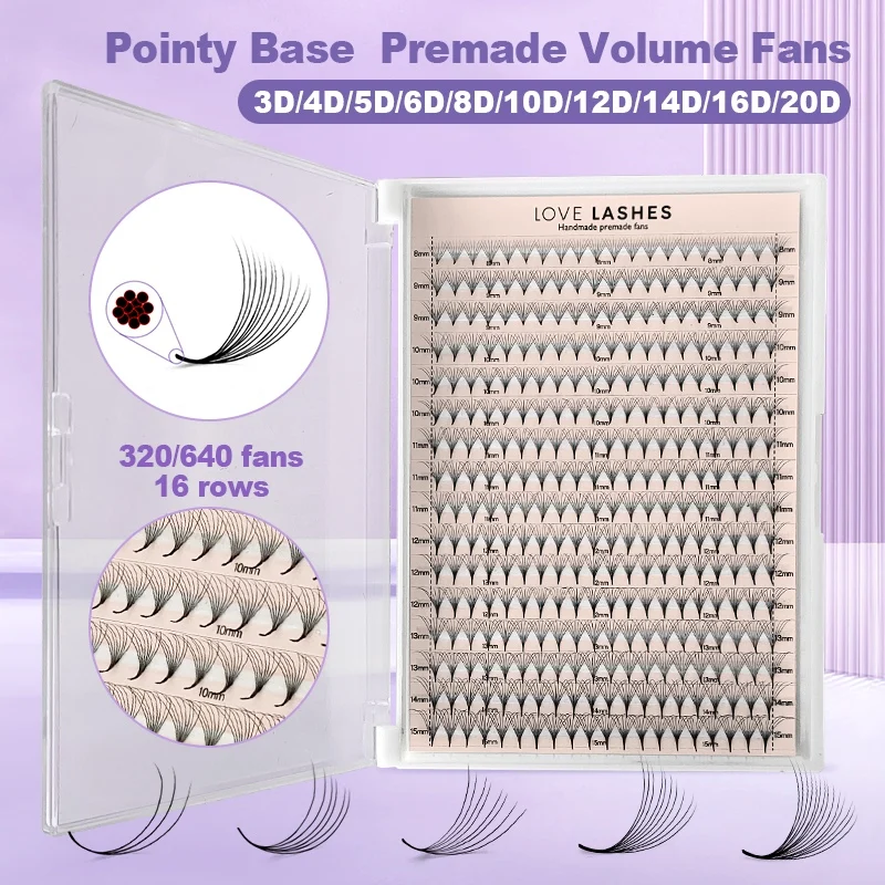 Фото 360/640 готовые объемные вееры 16-рядный букет Cils Prefaits Promade Lashes Pointy Base Mid Stem Pro Made Fans Lash Fans Pre Made №1