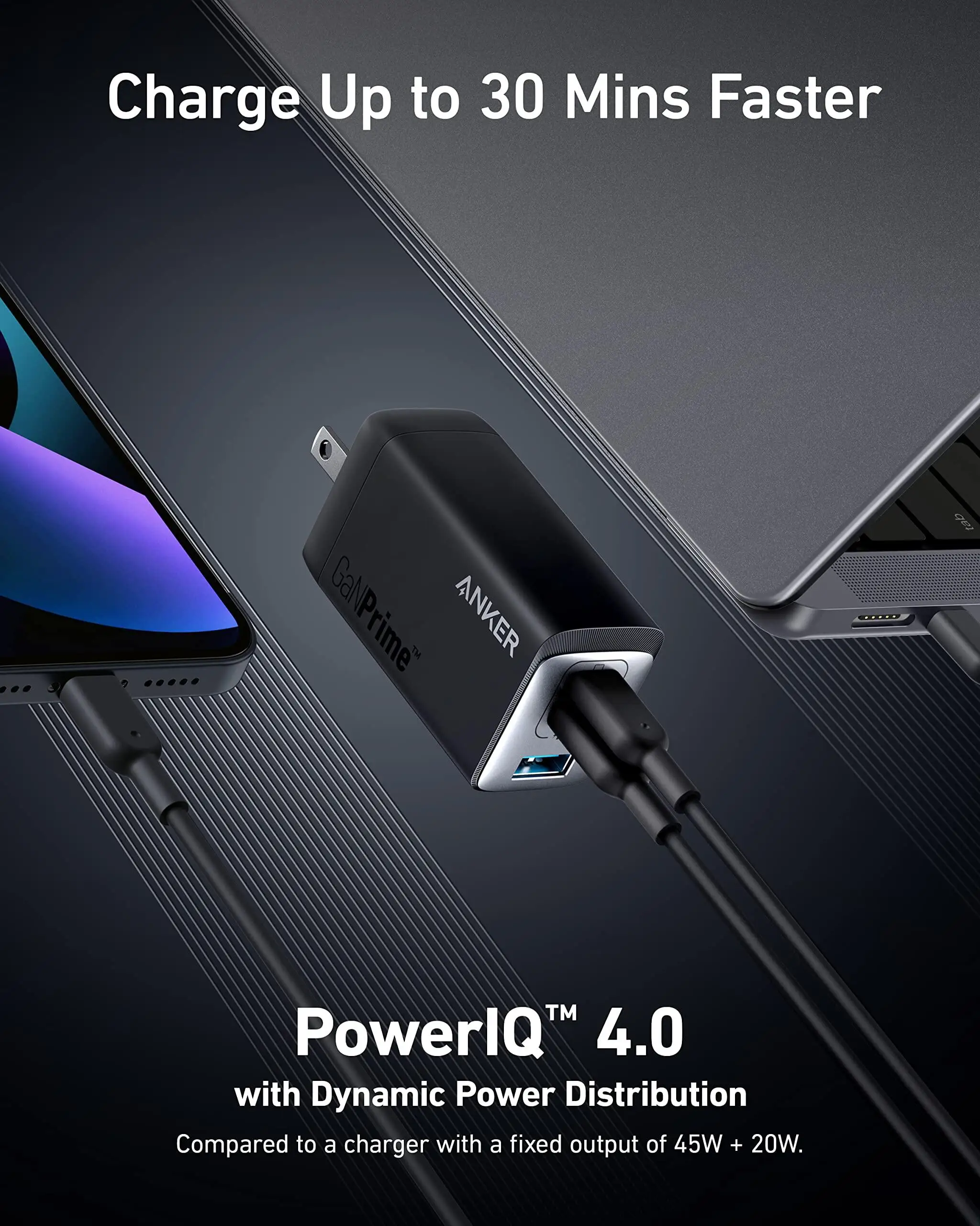 Зарядное устройство Anker USB C 735 GaNPrime, 65 Вт, 3-портовое быстрое компактное складное настенное зарядное устройство для MacBook ProAir, iPad Pro (art.: 3920caba04243) - 3920caba04243