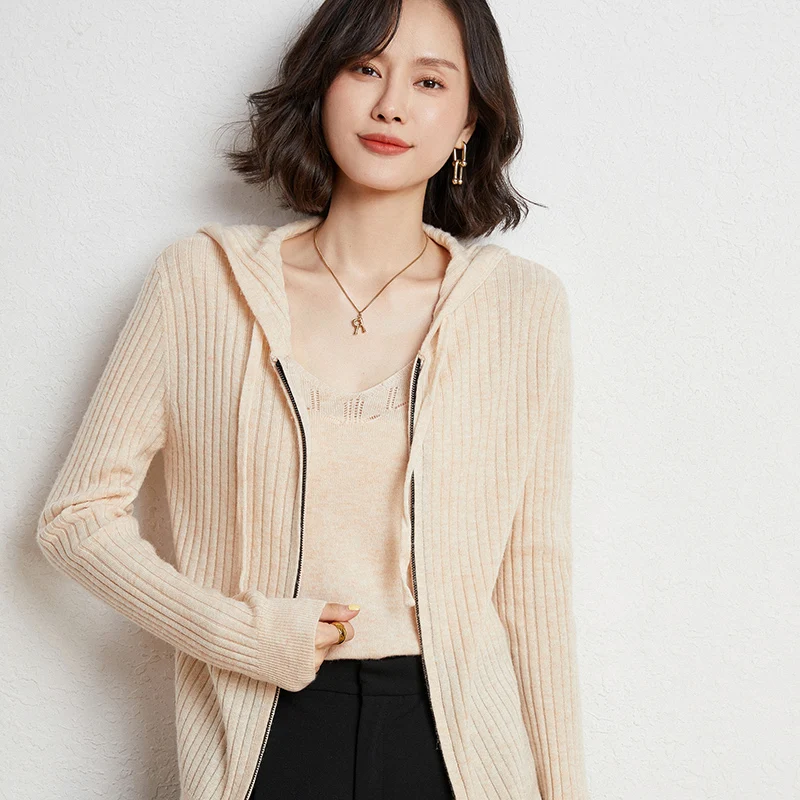 

100% Australian Cardigan Women's Autumn And Winter New Hooded Sweater Zipper Cardigan Draw Strip Long-sleeved Sweater Loose Coat
