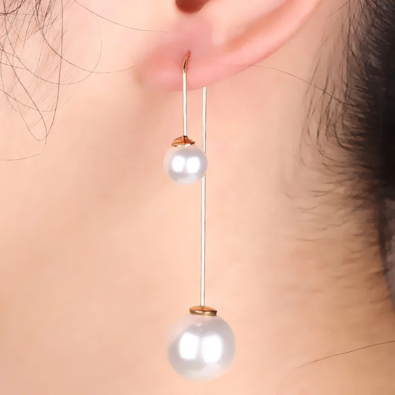 

Модные висячие серьги PINKSEE в Корейском стиле с бусинами для женщин и девушек, длинные висячие серьги-гвоздики с двойным искусственным жемчу...