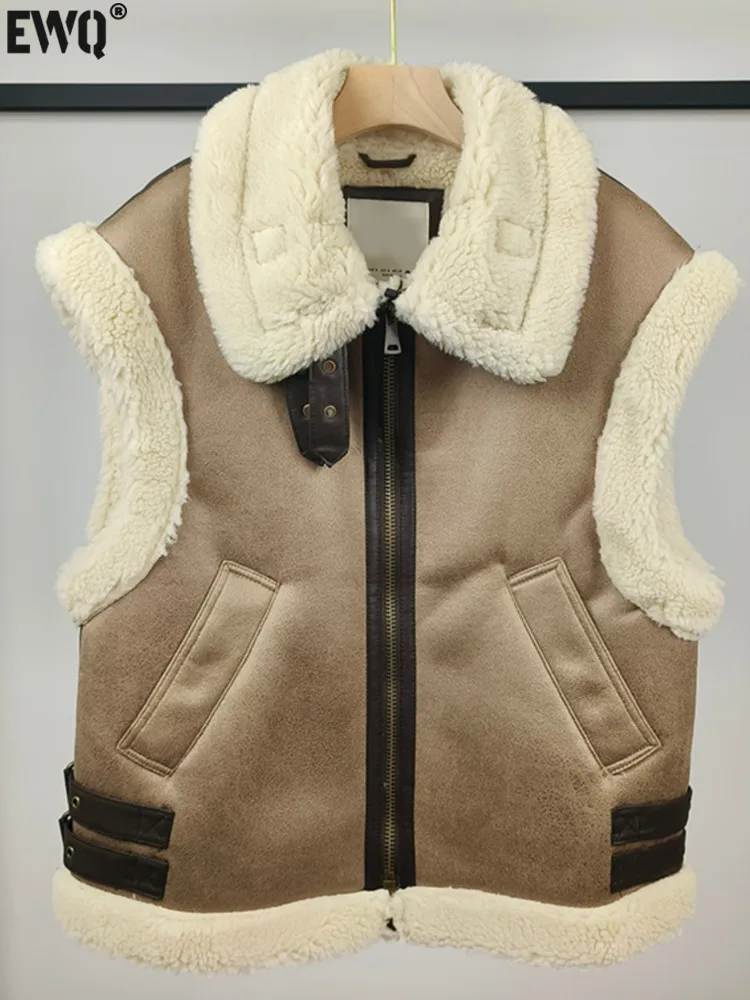 

[EWQ] Lapel Bandage Buckle Thickened Vest Women 2023 Autumn Winter New Trend Pocket Patchwork Zip-up Sleeveless Waistcoat 6U4726