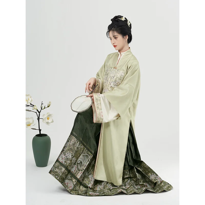 

ZhiZaoSi Original Ming Dynasty Green Horse Face Skirt Traditional Chinese Style Women Hanfu Dress Set Elegant Vintage Shirt Coat
