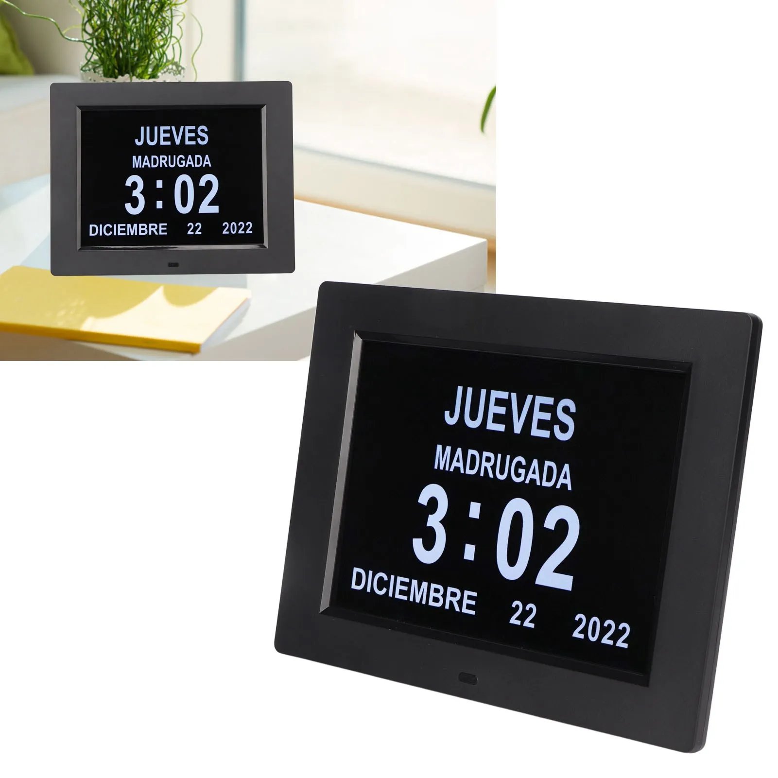 8 Inch Digital Day Calendar Clock Auto Dimming Take Medicine Reminder Electronic Alarm 110‑240V Black UK Plug