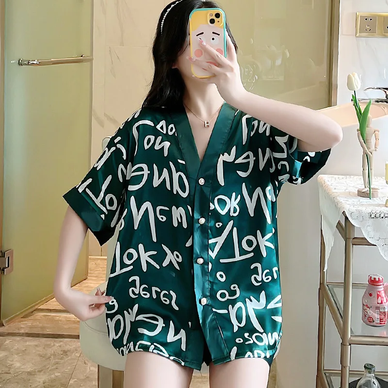 New style pajamas women's ice silk V-neck cardigan, short-sleeved shorts suit, oversized household clothes women