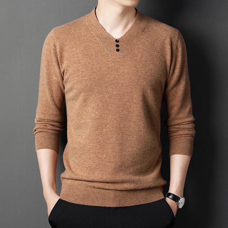 

and middle-aged New Young 100% pure father V-neck fashion bottoming Winter sweater Male