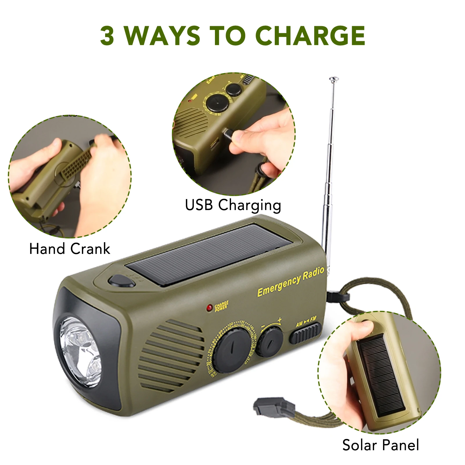Outdoor Emergency Radio Solar Charging Hand Crank USB Rechargeable Radio with Flashlight SOS Alarm AM/FM Cell Phone Charger